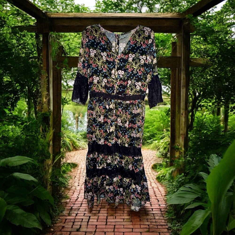 New York & Company Floral & Lace Midi Dress - Black and Multicolor - NWT - M